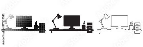 Desk Setup: Monitor, Lamp, and Drawer Unit - Line Art & Silhouette