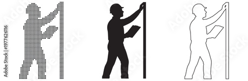 Construction worker measuring with clipboard and tape measure at pole