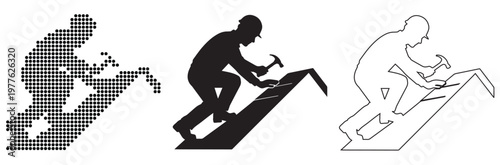 Roofer Construction Worker Hammering Roof Tiles Icon Set Silhouette