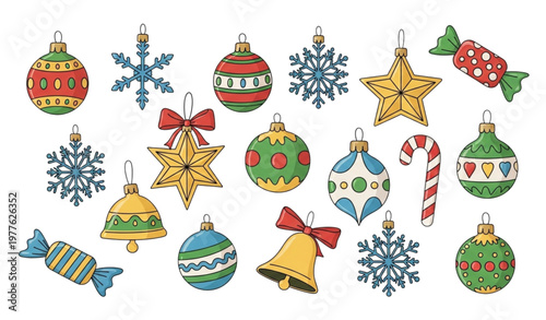 Hand-drawn retro Christmas tree ornaments vector illustration for holiday decoration