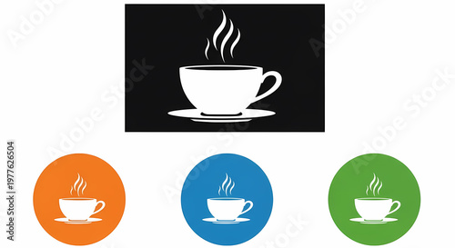 Coffee Cup Vector Set Steaming Beverage Icons in Black, Orange, Blue, and Green