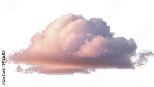 Fluffy cumulus cloud with soft pink, orange, and purple hues, beautifully isolated PNG on transparent background, perfect for weather and sky designs