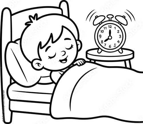 kid sleeping in bed with alarm clock line art bedtime illustration