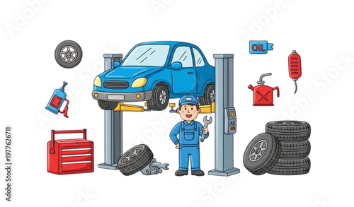 Hand-drawn cute auto service cartoon doodle vector illustration for garage and repair