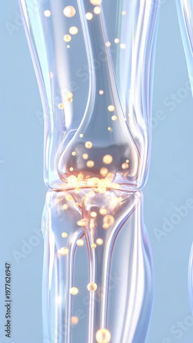 Transparent human knee joint with glowing particles. Medical visualization of articular cartilage regeneration. Biotechnology and modern medical science concept. Vertical video