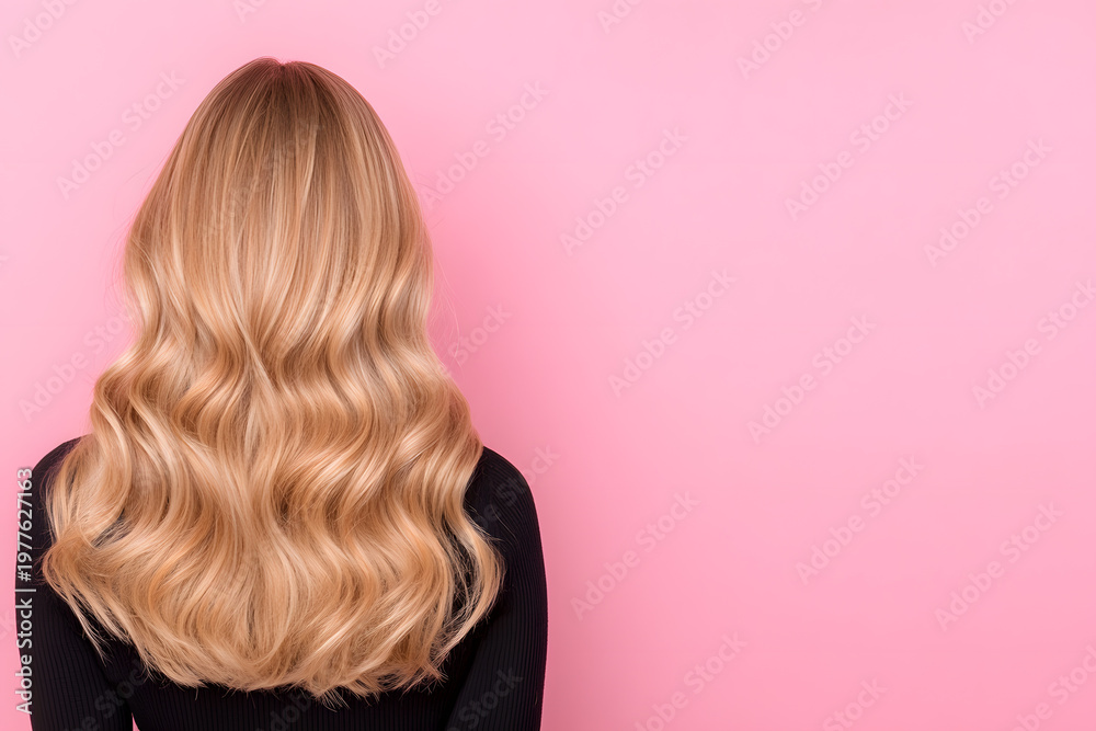 Naklejka premium Back view of blonde woman with long wavy hair, Hair salon beauty concept, Pink background with copy space, Shampoo and hairstyle banner