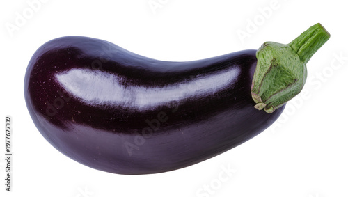 Fresh dark purple eggplant with a vibrant green stem, perfectly isolated on transparent background, a healthy organic vegetable PNG