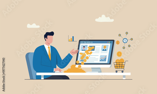 Make online online investment, internet or e-commerce, sell product online, affiliate marketing concept, businessman making money coins online website from computer laptop