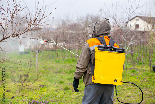 Man in protective gear using a yellow backpack sprayer to treat fruit trees in a garden orchard. Agriculture work, pest control, plant protection, spring maintenance.