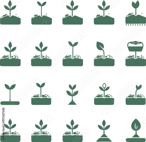 agriculture icons (seed planting icons), perfect grid, consistent stroke 1