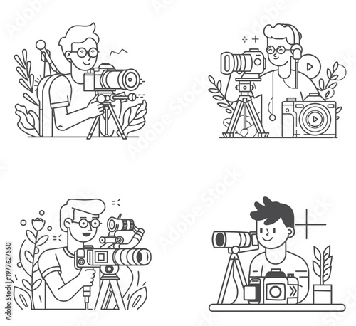 Set of four illustrators with cameras and equipment illustrator filmmaker photographer equipment illustration character creative production shooting collection profession technology