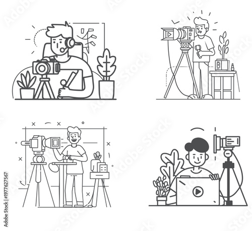 Collection of four creators with cameras and technology filmmaker photographer production illustration character creative shooting collection profession technology microphone background