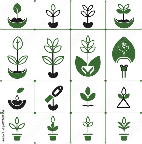agriculture icons (seed planting icons), perfect grid, consistent stroke 2