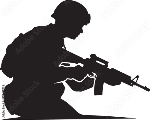 Tableau sur toile silhouette of soldier holding weapon. black icon drawing vector