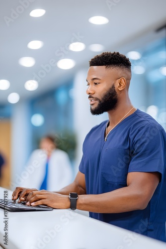 Male nurse works on patient records at a hospital desk in the afternoon