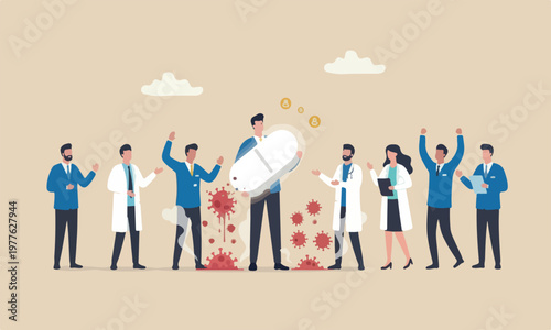 Coronavirus medicine cure COVID-19 flu concept, doctor holding big tablet medicine or drugs with recovery effect to kill Coronavirus pathogen to melt to death