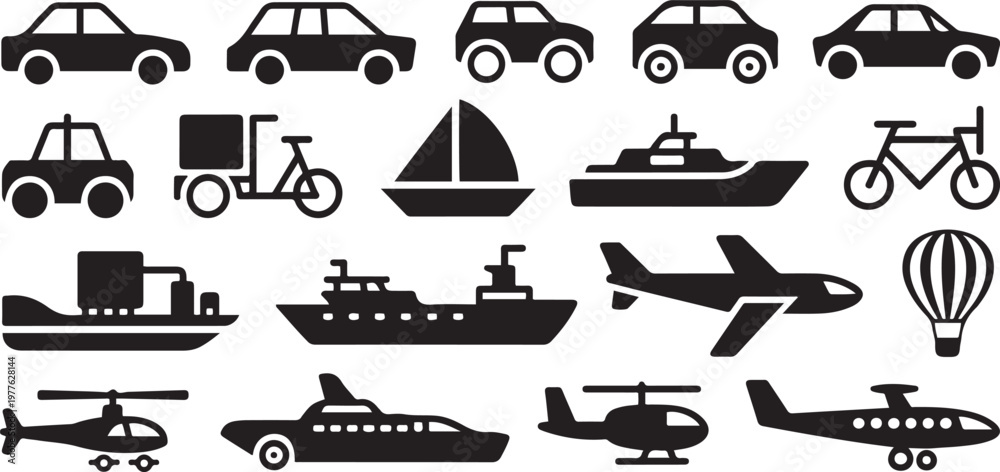 Obraz premium illustrations or silhouettes of land, sea and air vehicles. black icon drawing vector