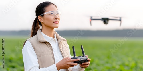 Agriculture expert operates a drone over a field at sunset