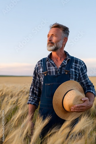Farmer stands in a wheat field holding a straw hat as the sun sets