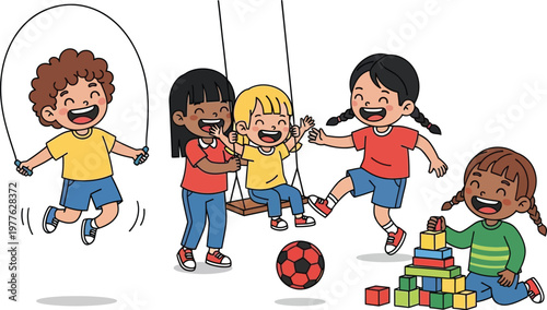 A colorful illustration of happy children playing together with jump ropes and blocks