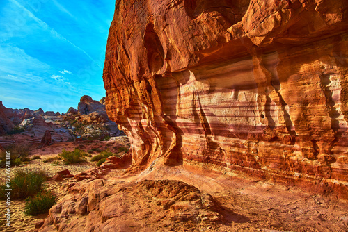 Colorful Striated Sandstone Wall and Desert Landscape Valley of Fire Nevada