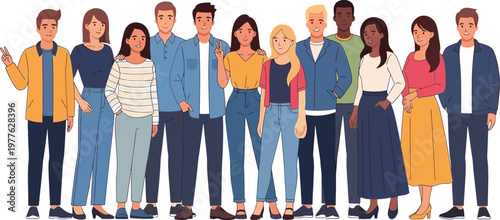 A diverse group of young adults standing together in a modern illustration