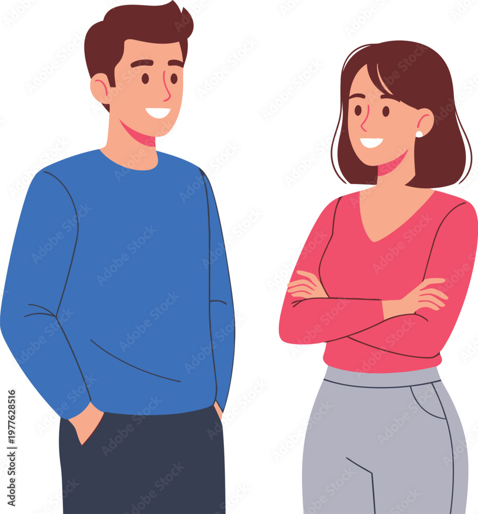 Obraz premium A vector illustration of a smiling man and woman standing side by side in a modern flat design style