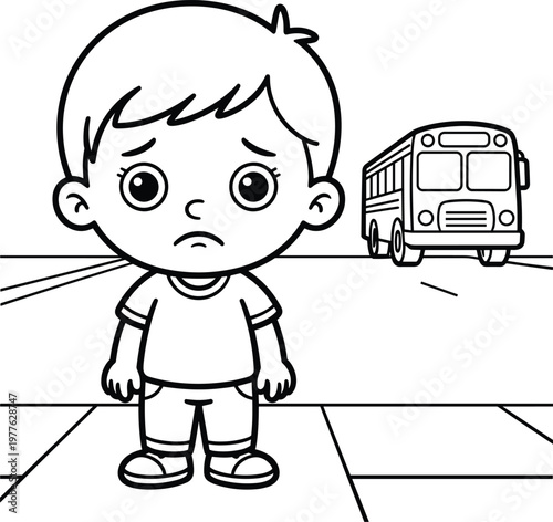 kid missing school bus cartoon illustration child feeling sad