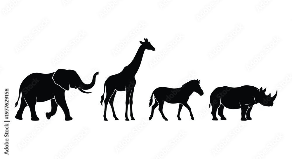 Naklejka premium African safari animal silhouettes, black elephant giraffe zebra and rhino vector set, wild savanna fauna collection for logo design