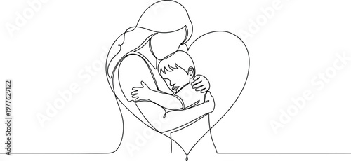 Loving mother gently embracing her little child while they are positioned inside a beautiful heart shape created with one single continuous black ink line drawing