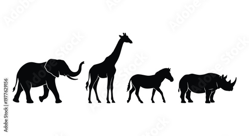 African safari animal silhouettes, black elephant giraffe zebra and rhino vector set, wild savanna fauna collection for logo design