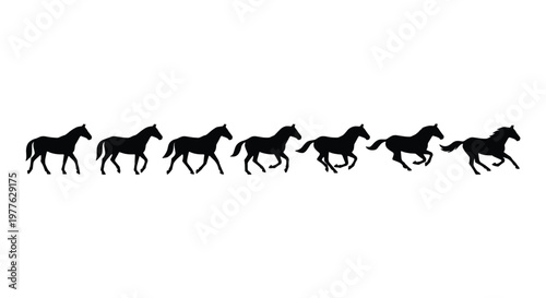 Black horse silhouette animation sequence, set of 7 galloping stallion frames, minimalist equine motion study vector for video and web design