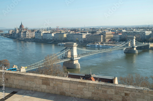 High angle view of Budapest with Szechenyi Chain Bridge, Danube river and Hungarian Parliament Building.