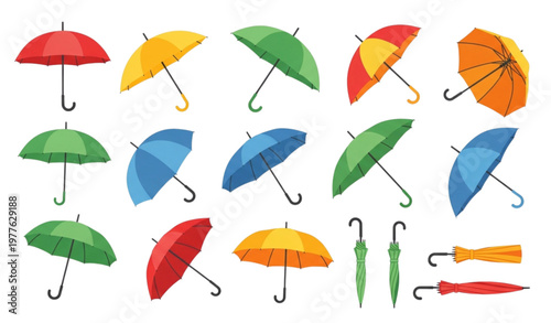 Vector umbrella collection in different positions for travel and rainy weather