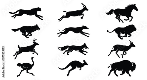Running animal silhouettes set, collection of 12 black wild animal icons in motion, fast galloping wildlife vector graphics for logos and design