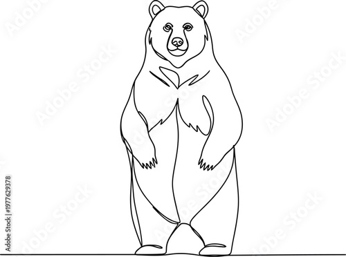 Minimalist single line drawing of a majestic grizzly bear standing upright as a continuous stroke artistic illustration isolated on a clean plain white background surface