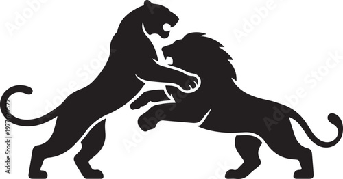 silhouette of a tiger and a lion fighting on a white background. black icon drawing vector