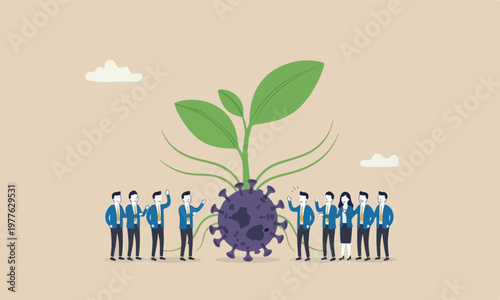 pandemic economi meeting teams together Coronavirus crash and economic recession concept, green sprout plant successfully growing from dead coronavirus pathogen