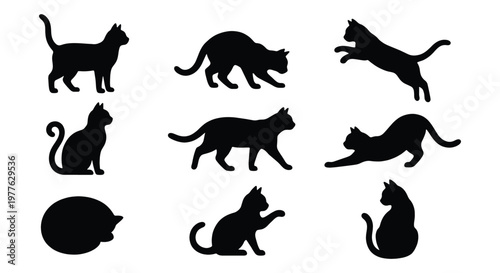 Black cat silhouette collection, 9 vector cat icons in various poses, feline animal silhouettes for pet branding and graphic design