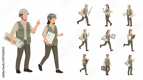 Collection of illustrations depicting male and female surveyors in various poses, holding maps and clipboards, engaged in fieldwork.
