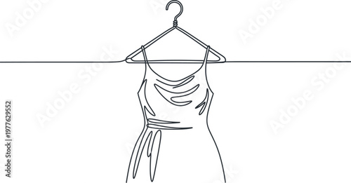 Minimalist single continuous line drawing of a simple feminine summer dress hanging on a metallic wire clothes hanger isolated on a clean white graphic background