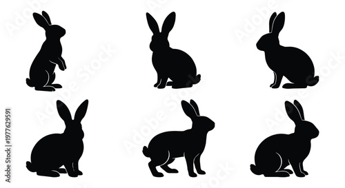 Black rabbit silhouette collection, set of 6 bunny vector icons in various poses, minimalist hare outlines for Easter and nature design