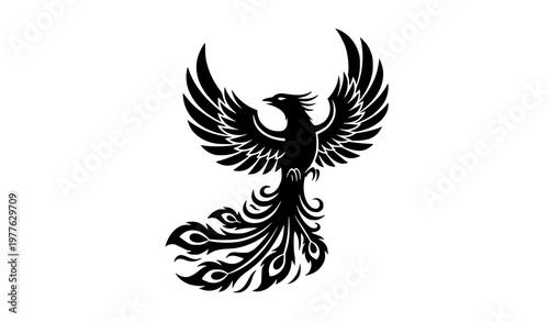 Rising phoenix monochrome vector icon mythological fire bird illustration