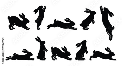 Black rabbit silhouettes set, 10 vector bunny icons in various poses, jumping and standing hare shapes, minimalist animal silhouettes for Easter design