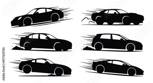 Fast racing car silhouettes with speed lines, set of 6 black sports car vector icons, automotive motion graphics for racing and drift events