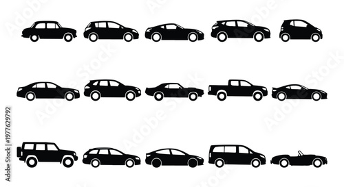 Car silhouette icons set, 15 vehicle vector symbols, black automotive transport collection, sedan and suv side view graphics for web and apps