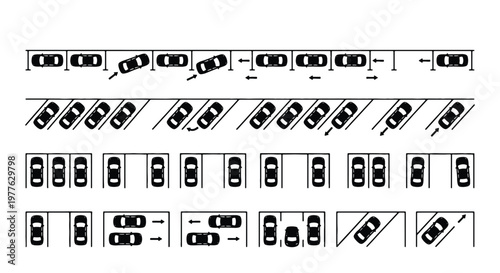 Top view car parking icons set, black and white vehicle silhouettes in various parking lot layouts, overhead urban transport vector elements