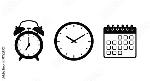 Minimalist time management icon set, black alarm clock and wall clock vector illustrations, simple calendar icon for scheduling and planning