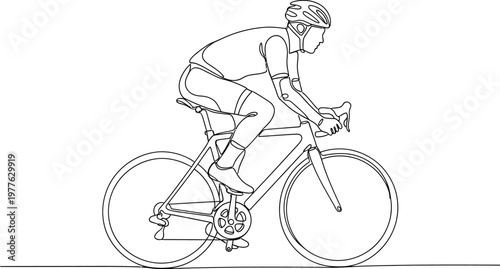 Professional cyclist riding a road bike rendered in a minimalist continuous one line drawing style capturing speed and athleticism during a competitive race on track