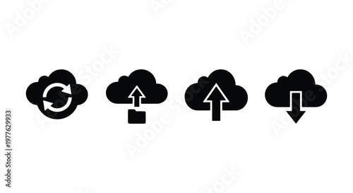 Cloud computing icon set with upload and download arrows, black minimalist data storage vector symbols, sync and backup cloud service graphics